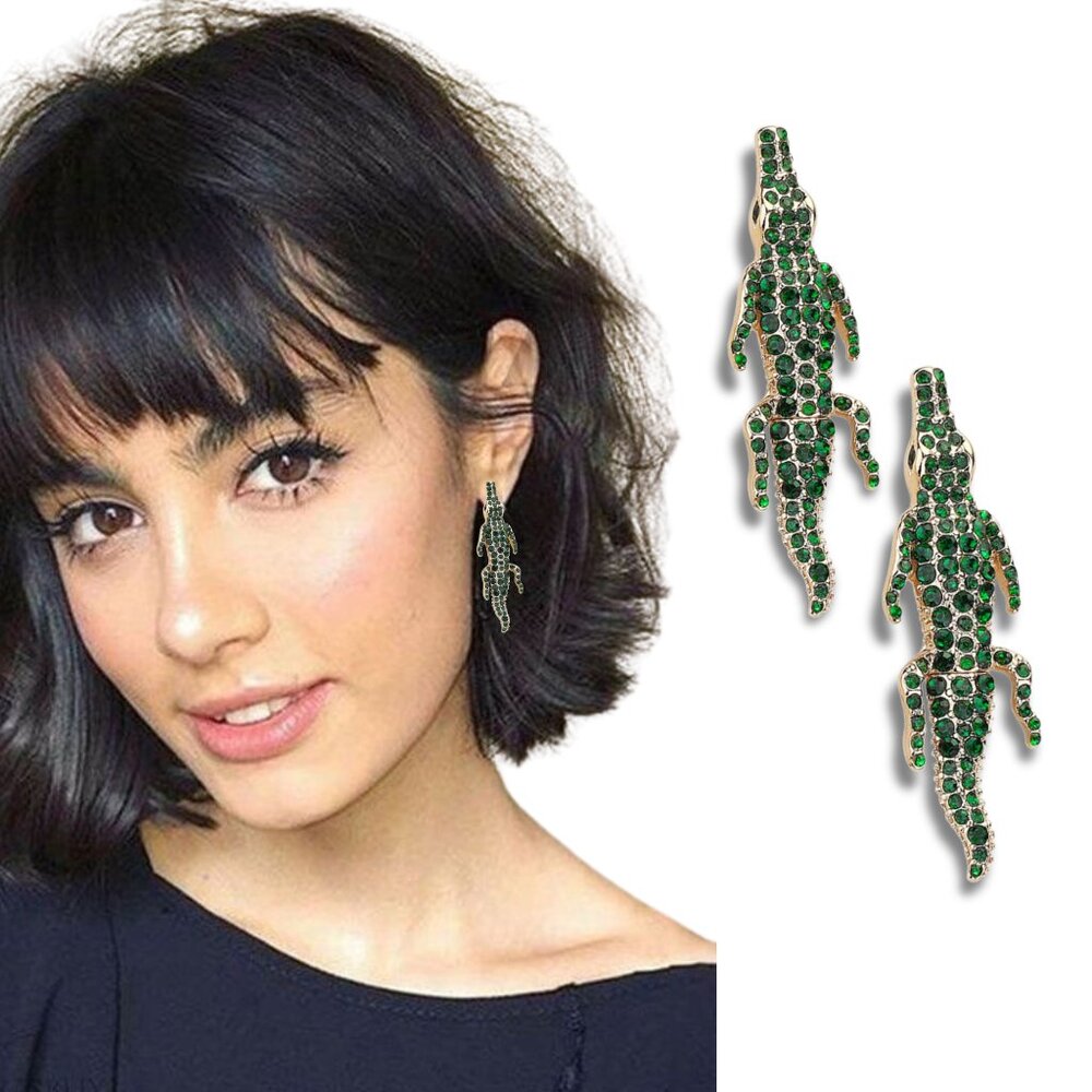 Gold Dipped Rhinestone CZ Bling Green Alligator Crocodile Gem Earrings NEW